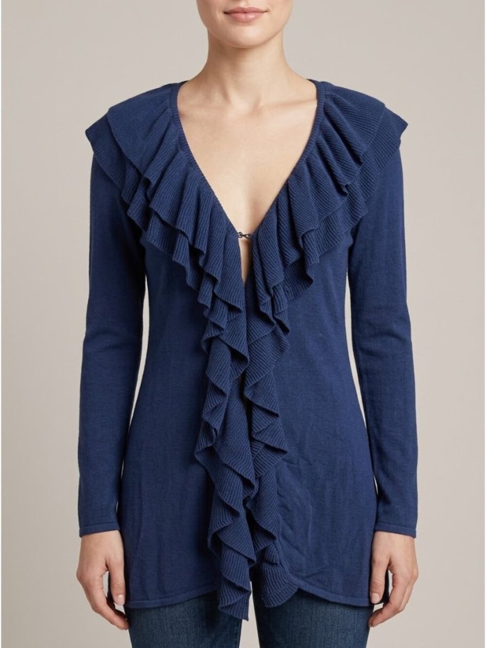 Vintage Y2K INC Navy Blue Ruffled Silk Cotton Knit Duster Cardigan Sweater M